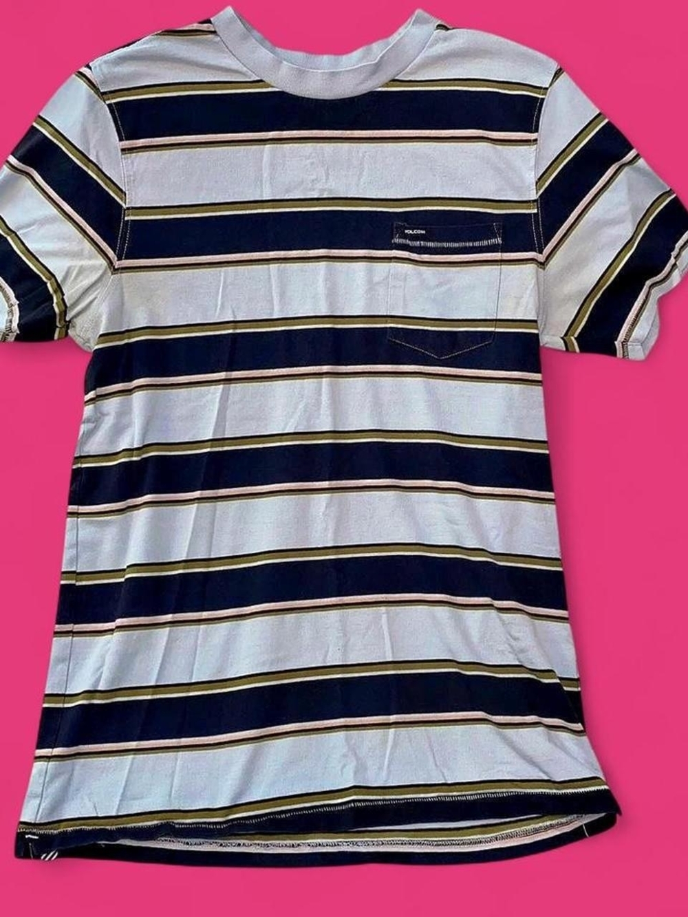 Volcom Navy, Blue, Pink, Green Striped Pocket Tee